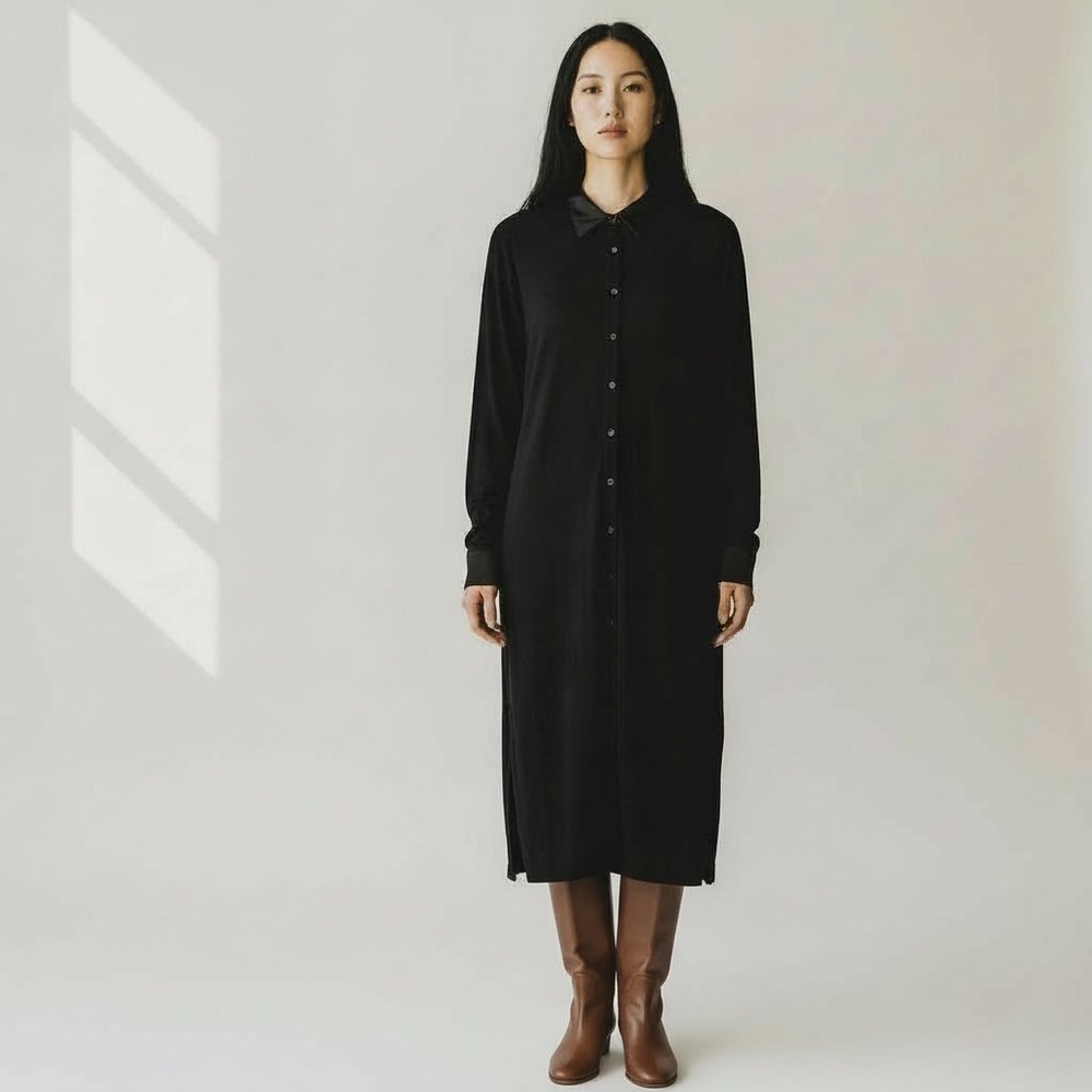 Norma Kamali Midi Shirt Dress Black Long Sleeve Button Down XL